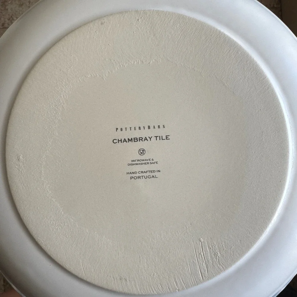 Pottery Barn Chambray Tile Dinner Plates Set of 4 Blue White Stonewear Coastal